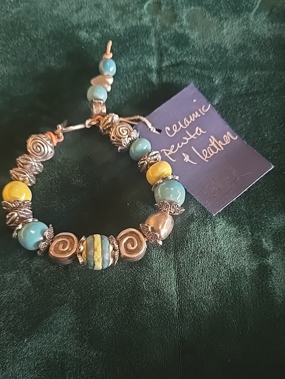 Ceramic Bead & Silver Accent Bracelet in Turquoise and Yellow - Unknown Brand